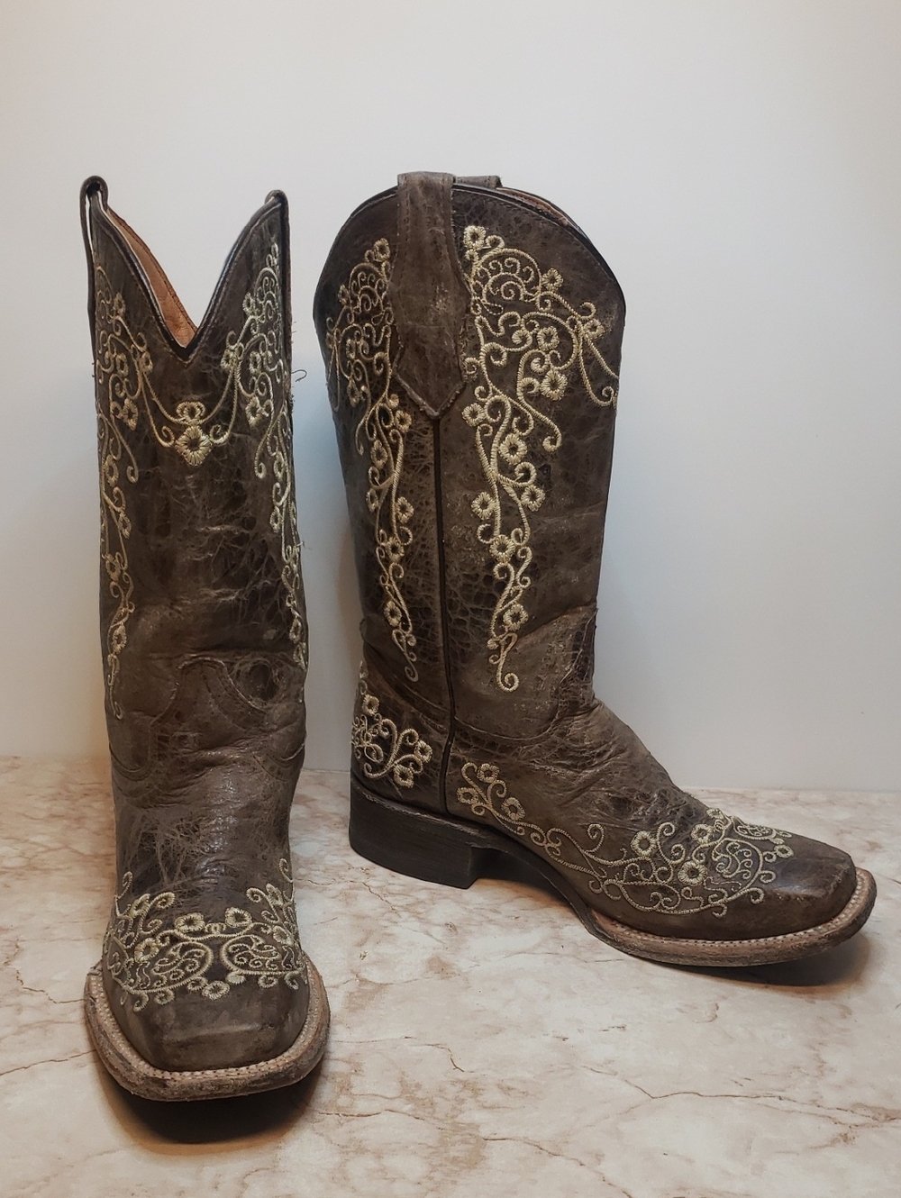 Corral  Brown Western Youth Embroidered Heeled Squear Toe Boots Size 3.5